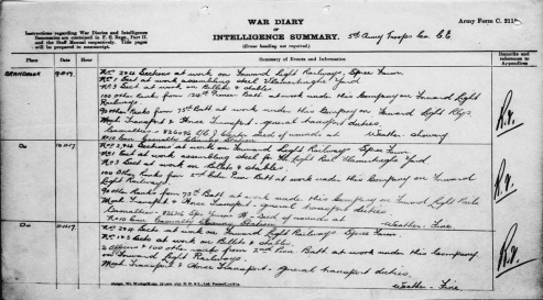 5th Army Troop, C.E. War Diary excerpt. Source: Library & Archives Canada